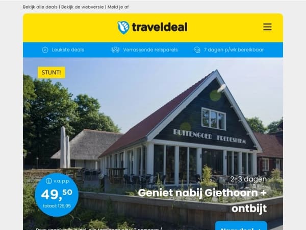 2/3 dgn bij Giethoorn + ontbijt v.a. 49,50 | 8-daagse Cruise Italië & Frankrijk v.a. 899 p.p.! 🔥