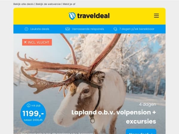 🎿 Nu boeken: 4 dagen Lapland inclusief excursies v.a. 1199 | 🌊 Beach Hotel Zuid-Holland + Thermen v.a. €79,50 p.p.!