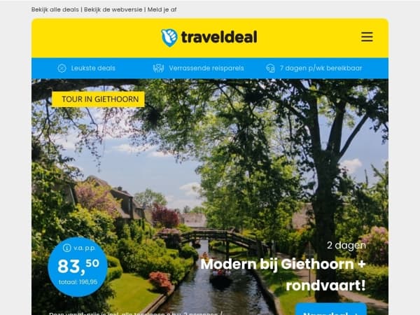 Verblijf bij Giethoorn incl. ontbijt & rondvaart v.a. 83,50 | 3-5 dgn 4*-hotel in Nijmegen incl. ontbijt & diner v.a. 99 p.p.! 🤯