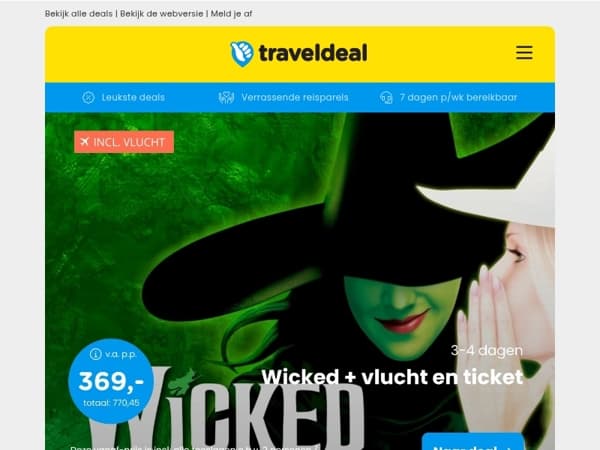 🎭 Wicked Musical + vlucht & verblijf v.a. 369 | 2 dgn Zeeland + ontbijt & wellness v.a. 59,50 p.p.!