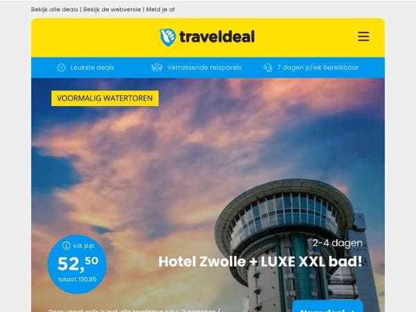 😱 Watertoren in Zwolle + XXL bad v.a. 52,50 | Fly & Drive Sicilië + 120 benzine CASHBACK 💵 v.a. 799 p.p.!