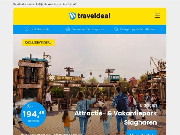 EXCLUSIEF! 🔥 Attractiepark Slagharen v.a. 194,45 per acco (2 volw + 1 kids!) | 3 dgn Leiden bij Noordwijk + ontbijt & diner 149 p.p.!