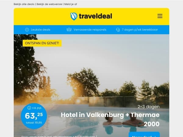 💆🏻‍♀️ Valkenburg incl. Thermae 2000 v.a. 63,25 | 🚢 Cruise Canarische Eilanden + balkonhut v.a. 1549 p.p.!