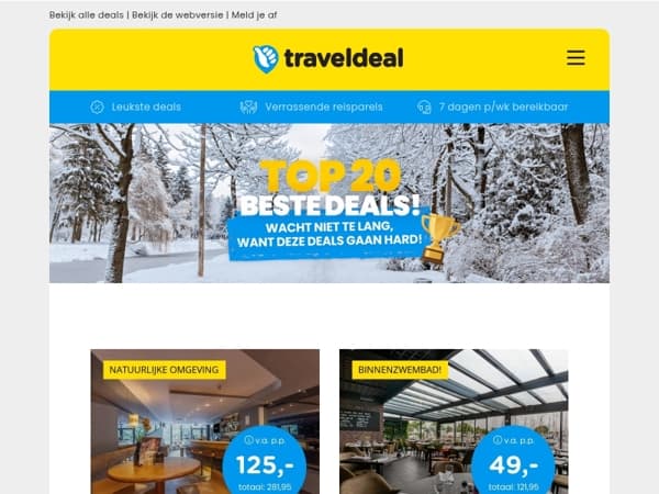 Wees er snel bij: top 20 deals ⏳ 3 dgn Veluwe + diner v.a. 125 | Friesland + ontbijt v.a. 49 | Wintersport Sauerland v.a. 179 p.p.!