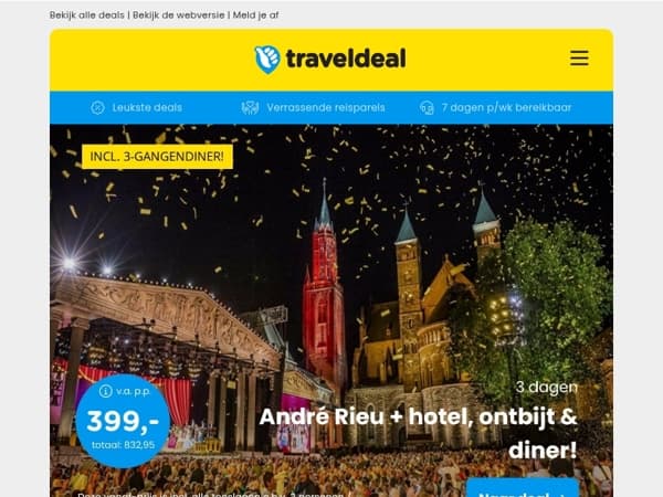 🎻 André Rieu op het Vrijthof + ontbijt & diner v.a. 399 | 4*-Kasteelhotel Zuid-Limburg + ontbijt v.a. 39,50 p.p.!