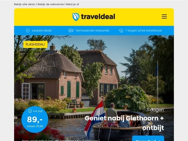 3 dgn bij Giethoorn + ontbijt & prosecco v.a. 89 🥂 | Last minute: ⏰ Van der Valk bij Düsseldorf v.a. 54,50 p.p.!