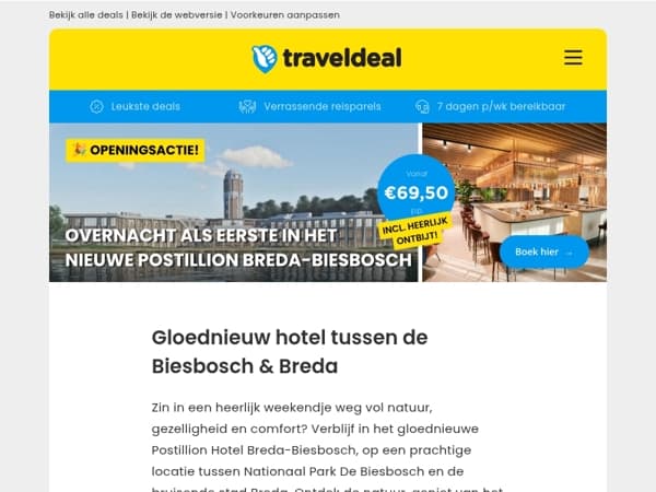 🎉 OPENINGSACTIE: overnacht als EERSTE in Postillion Breda-Biesbosch + ontbijt 69,50 p.p.!