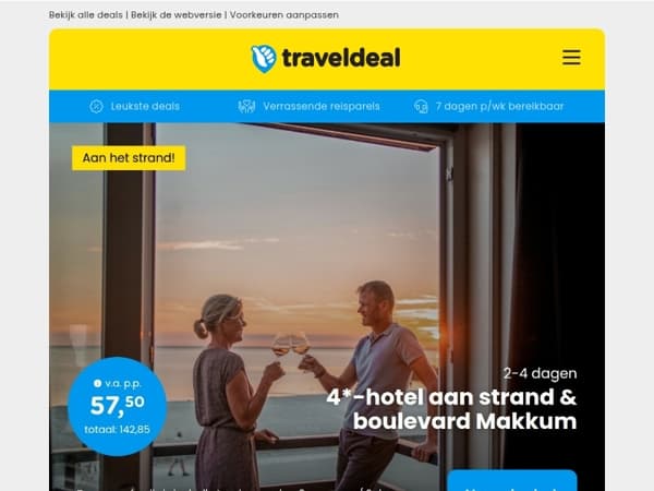 🏖️ 4*-hotel aan de boulevard van Makkum v.a. 57,50 | 4-daagse minivakantie Veluwe + Rituals v.a. 149 p.p.!