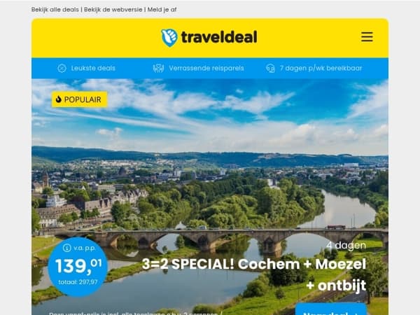 3=2 SPECIAL! 💥 Moezel & Cochem + ontbijt v.a. 139 | Vakantiepark Lalandia Billund v.a. 351,87 p.p.!