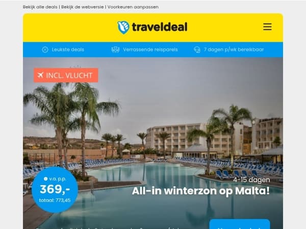 🤯 All-inclusive winterzonvakantie Malta v.a. 369 | 3 dgn all-inclusive Bonte Wever Assen v.a. 189 p.p.!