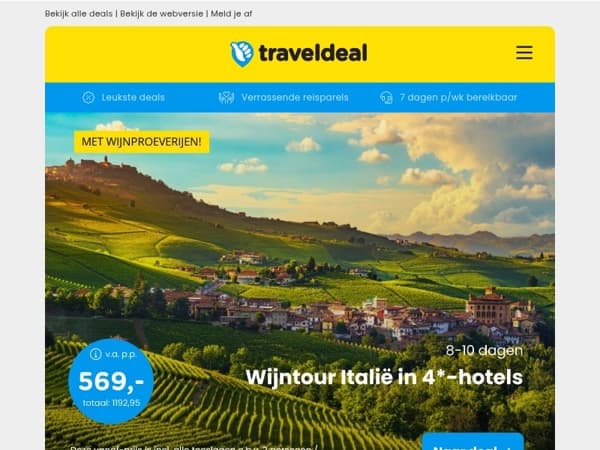 🍇 8/10 dgn Wijntour Italië + 4*-hotels v.a. 569 | Familievakantie Buitenhof de Leistert v.a. 452,35 per acco!