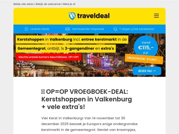 🔔 OP=OP VROEGBOEK-DEAL: Kerstshoppen Valkenburg + entree kerstmarkt + ontbijt + 1x 3-gangendiner + MEER extra's v.a. 115,- p.p.! 🎄💫