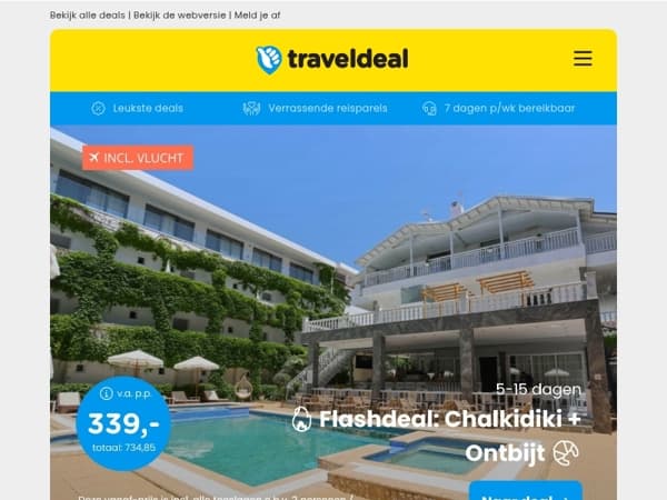 ZON FLASHDEAL! 😱 Chalkidiki + ontbijt v.a. 339 | Designhotel de Veluwe + ontbijt v.a. 57,50 p.p.!