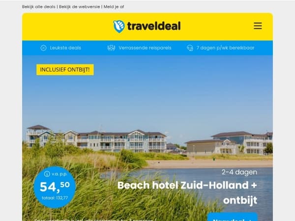 Nog 2 dagen! 🚨 Beach Hotel Zuid-Holland + ontbijt v.a. 54,50 | Verblijf aan de Waddenzee in Pieterburen + ontbijt v.a. 32 p.p.! 💥