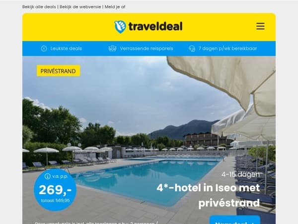 4 - 15 dgn 4*-hotel in Iseo Italië + privéstrand v.a. 269 | 8-daagse fly & drive Bulgarije & Griekenland v.a. 999 p.p.! 🚗