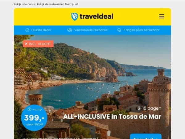 FLASHDEAL! ⚡ 5-15 dgn all-inclusive Tossa de Mar 399 | Fly & Train compleet Polen 799 p.p.!