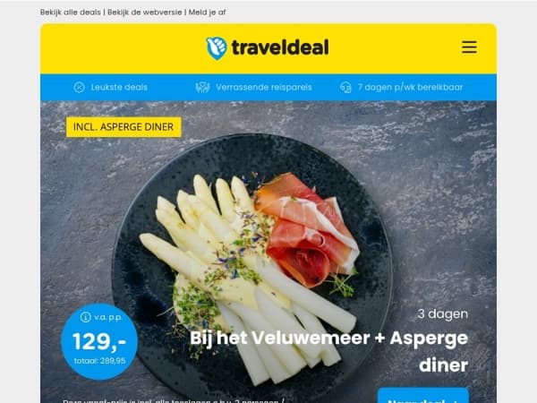 😍 3 dgn bij Veluwemeer incl. 3-gangen aspergediner v.a. 120 | Surprise City Trip + vlucht v.a. 299 p.p.!