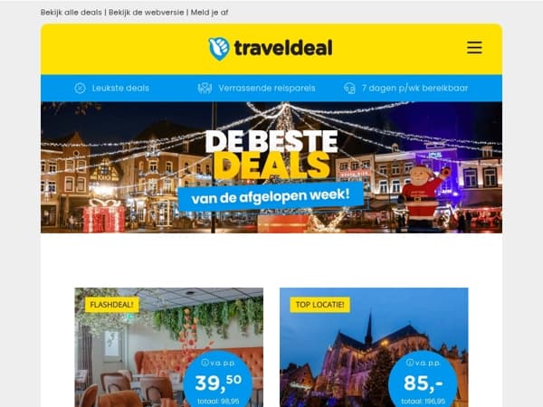 Speciaal voor jou: de BESTE deals van het moment! 💥 Charmant hotel Friesland v.a. 39,50 | Kerstmarkt Leuven + diner v.a. 89 | André Rieu Terrasarrangement & MEER!