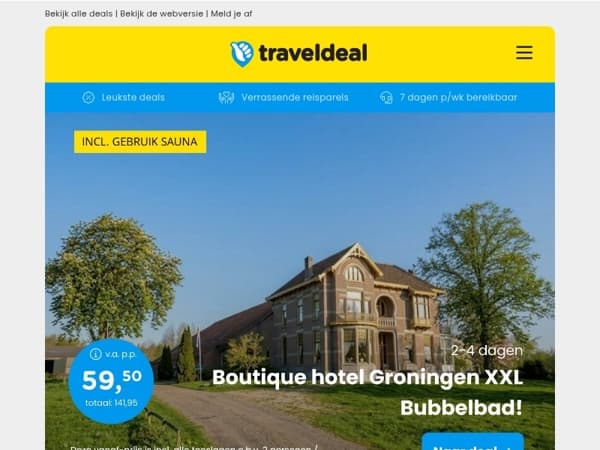 🔥 Boutique Hotel Groningen + XXL Bubbelbad v.a. 59,50 | 5/15 dgn halfpension Mayrhofen v.a. 279 p.p.!