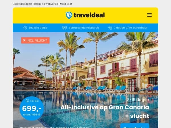 🌴 8 dgn all-inclusive op Gran Canaria v.a. 699 | Weidesuite in de natuur Friesland v.a. 42,50 p.p.!