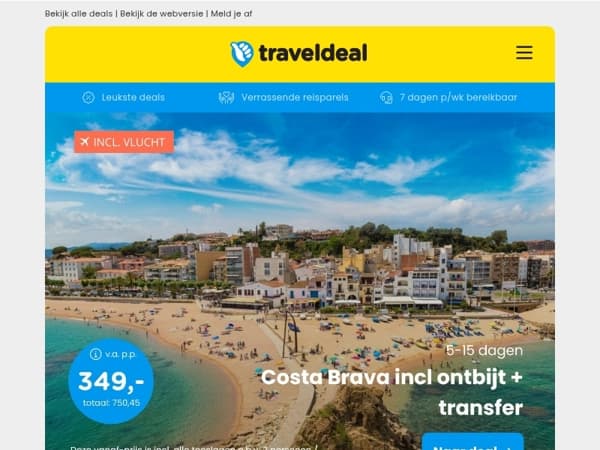 SUPER DEAL! 🌞✈️ Costa Brava + ontbijt & transfer v.a. 349 | Terschelling incl. ontbijt v.a. 78,25 p.p.!