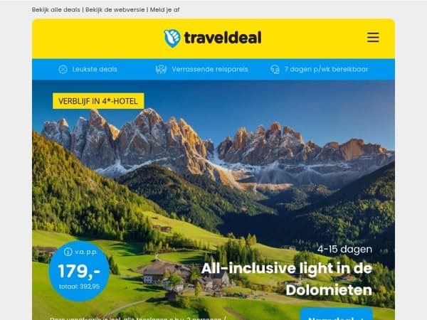 4/15 dgn all-inclusive in de Dolomieten v.a. 179 | 2 dgn ONBEPERKT Sanadome Nijmegen + ontbijt v.a. 110 p.p.!