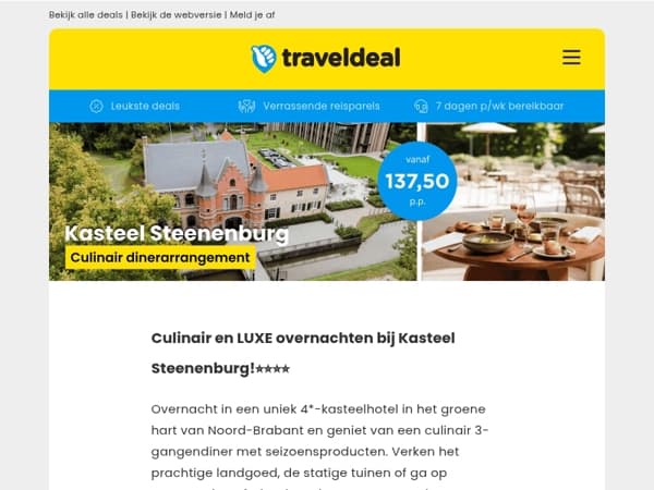 Last Minute! ⭐ Exclusief kasteelarrangement Kasteel Steenenburg + diner & TOP extra's!