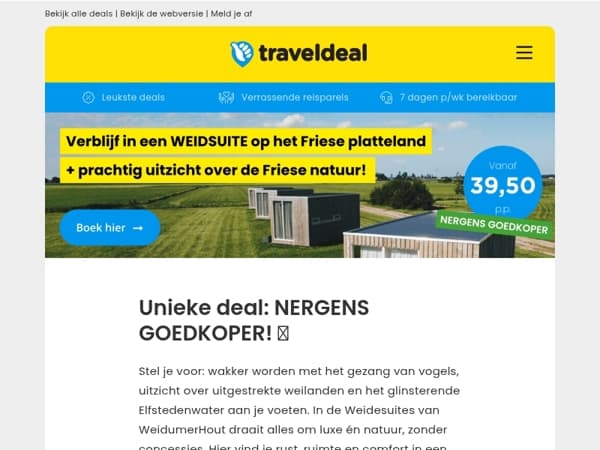 Nú of nooit ⏰ Verblijf in een UNIEKE weidesuite vanaf €39,50 p.p. 😱 – midden in de natuur!