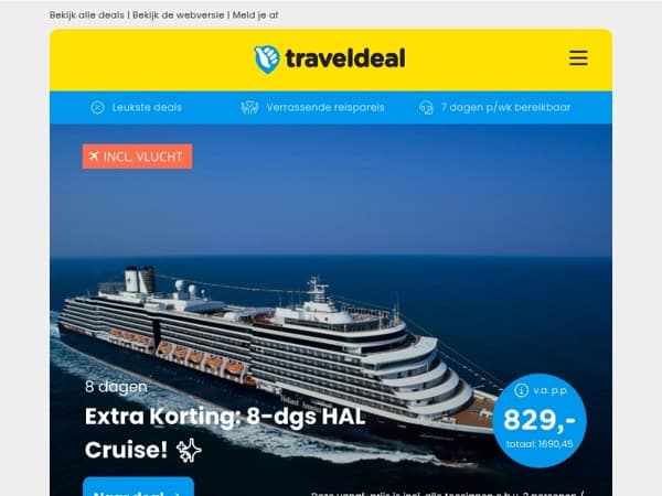 EXTRA KORTNING! 🚨 Holland America Line Cruise Westelijke Middellandse Zee 829 | Nieuw DELUXE kamer 4*-hotel Spaarnwoude 74,50 p.p.!