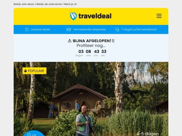 🎉 FAMILIE DEALS! ⏰ Laatste kans Lake Resort Beekse bergen v.a. 274,95 | 🎬 Movie Park Germany v.a. 89,- p.p. | ⛺ Kamperen in de Ardennen v.a. 131,70!