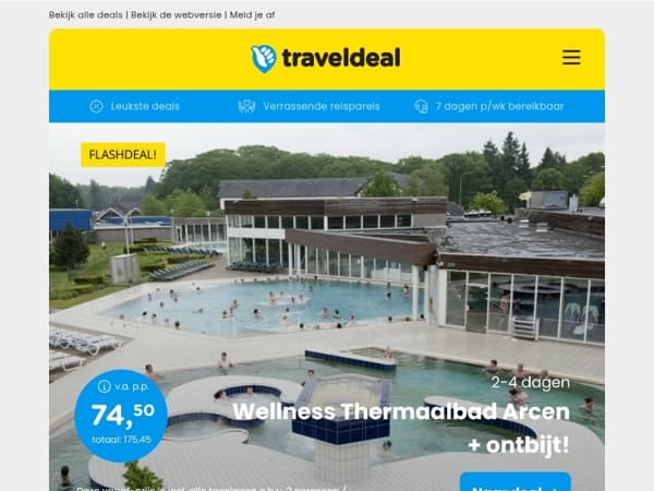 Thermaalbad Arcen + ontbijt v.a. 74,50 | Vakantiepark Dierenbos + Attractiepas v.a. 239,95 per acco!