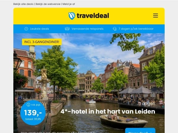 Alleen vandaag: ⏰ 3 dgn hartje Leiden bij Noordwijk + ontbijt & diner v.a. 139 | GLOEDNIEUW 4*-Hilton Brussel + ontbijt v.a. 49,50 p.p.! ⭐️