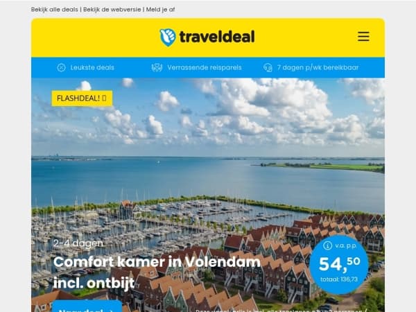😱 NIEUW: Volendam + ontbijt v.a. 54,50 | Gloednieuw Boutiquehotel Drenthe 49,50 | Balkonhut ACTIE: Cruise Italië, Frankrijk 699 p.p.!