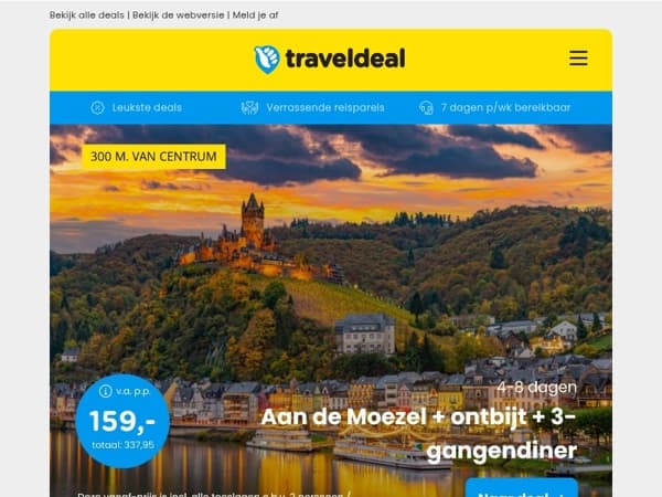 🍇 4 dgn aan de Moezel + diner v.a. 159 | Stedentrip Lissabon + vlucht & ontbijt v.a. 259 p.p.!