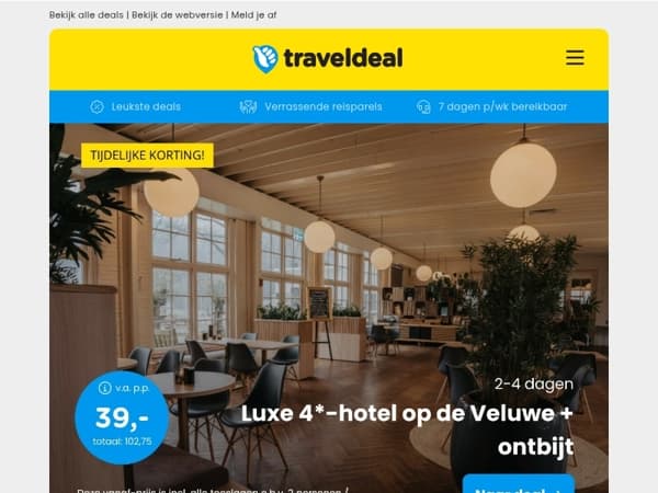 WOW! 😱 4*-hotel op de Veluwe + ontbijt & Rituals 39 | Vroegboek 2026: Camping Ardennen v.a. 131,70 per acco!