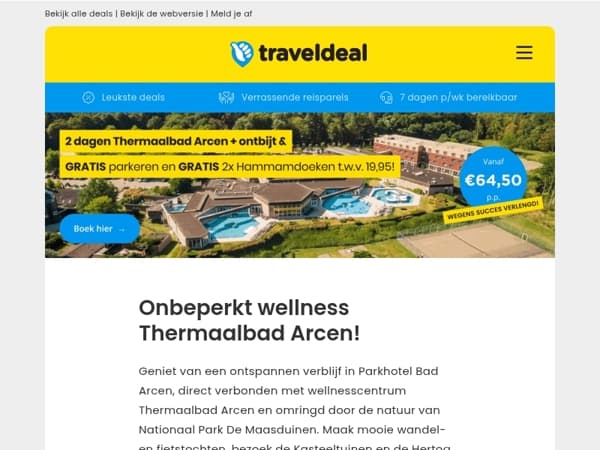 🔥 NU voor HEEL 2026 verlengd: ONBEPERKT wellness Thermaalbad Arcen + GRATIS Hammamdoeken v.a. 64,50 p.p.! 🤯