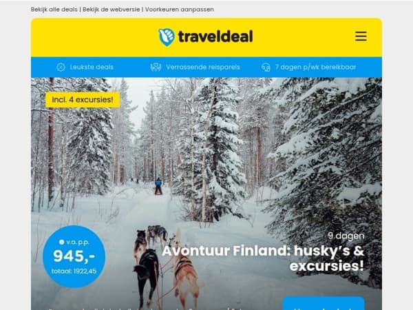 ❄️ Finland incl. bezoek huskyfarm, ijsvissen & meer v.a. 945 | Sanadome Nijmegen wellness v.a. 99 p.p.!