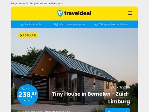 LAATSTE KANS! 💥 Tiny House Zuid-Limburg v.a. 238,95 per acco | 4*-hotel in Salou + poolview kamer v.a. 349 p.p.!