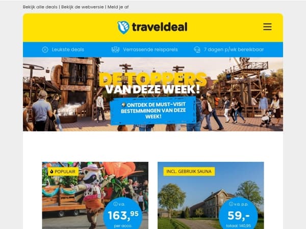 De TOPPERS van deze week! 😱 Vakantiepark Slagharen v.a. 163,95 | Balkonhut Mega Deal v.a. 939 | Hilton Düsseldorf v.a. 49,50 pp!