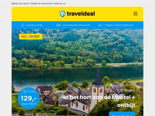 FLASHDEAL! ⚡ 3 dgn aan de Moezel + ontbijt 129 | Stedentrip Rome + vlucht & ontbijt v.a. 269 p.p.!