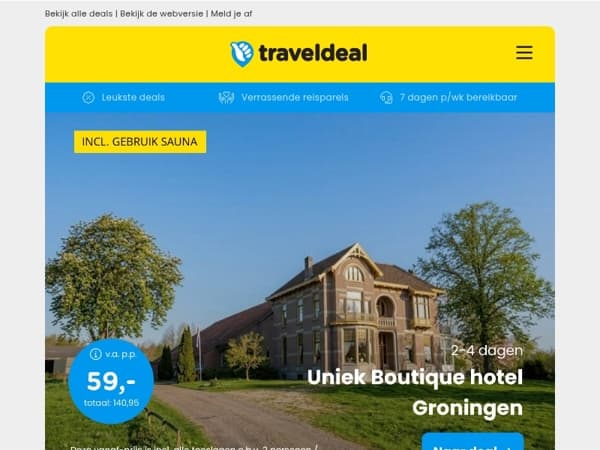 ✨ Boutique hotel Groningen + XL Ligbad v.a. 59 | Kasteelhotel Maastricht + diner 79 | Vechtdal + diner 44,50 p.p.!