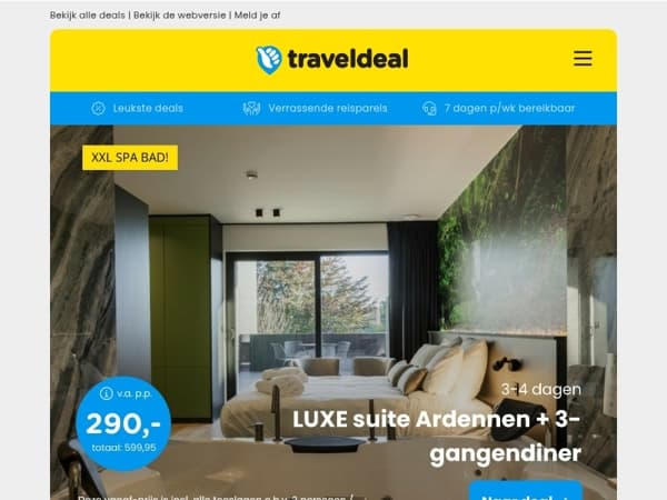 Nieuw! 📣 3 dgn Luxe Suite met XL spa bad Ardennen + diner v.a. 290 | 4 dgn in Tirol + ontbijt & wellness v.a. 139 p.p.! 🤯