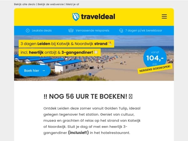 ‼️ NOG 56 UUR TE BOEKEN! ⏰ 3 dgn Leiden bij Katwijk & Noordwijk strand + ontbijt & 3-gangendiner SLECHTS 104 p.p.!