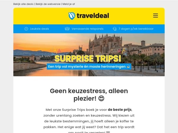 📬 Een verrassing in je inbox: ga op surprise trip naar 🌞 Marrakech, 🏖️ Noordwijk of 🌴 Ibiza! 🎉