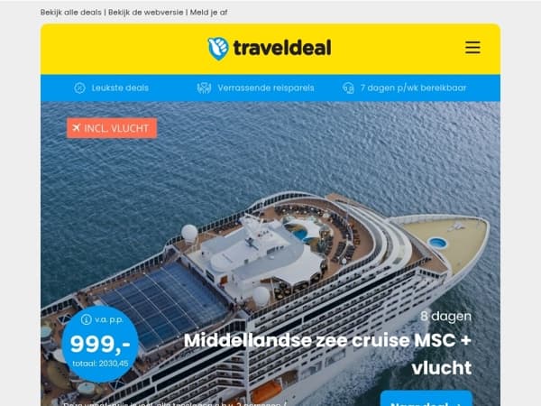 8-daagse Middellandse Zee Cruise v.a. 999 | 4 dgn Utrechtse Heuvelrug + ontbijt v.a. 179,25 p.p.!