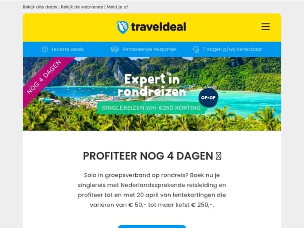 ⏰ PROFITEER NOG 4 DAGEN: profiteer t/m 250 euro korting op singlereizen! 🔥
