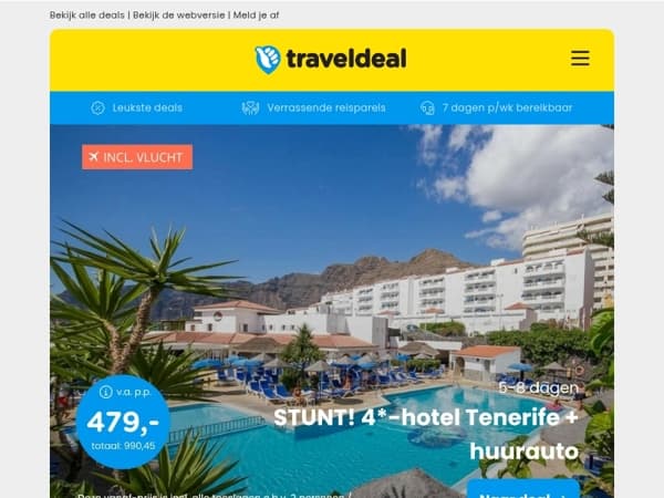 🌞 OP=OP Last Minute Tenerife + autohuur v.a. 479 | Diner Deal Volendam v.a. 75 p.p.! 😱