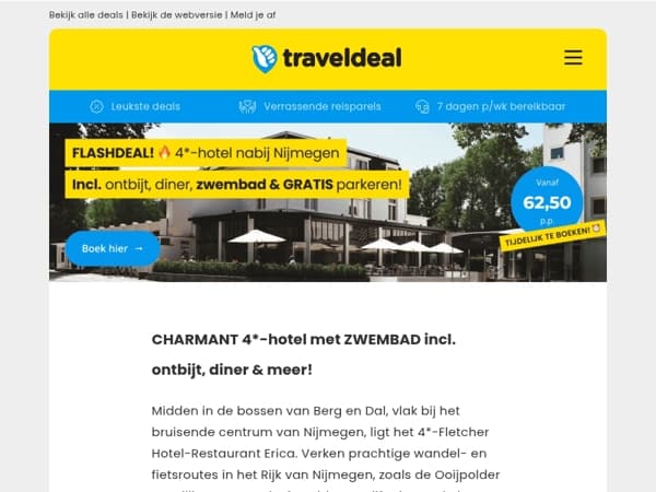 FLASHDEAL! 🔥 4*-hotel + zwembad bij Nijmegen incl. ontbijt & diner v.a. 62,50 p.p.!