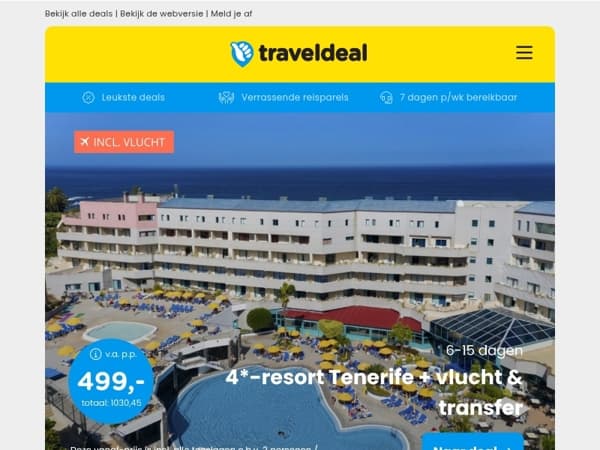 Extra voordelig! 😱 4*-Resort Tenerife + vlucht & transfer v.a. 499 | 3 dgn Zeeland + GARDEN SUITE met HOTTUB v.a. 174,50 p.p.!