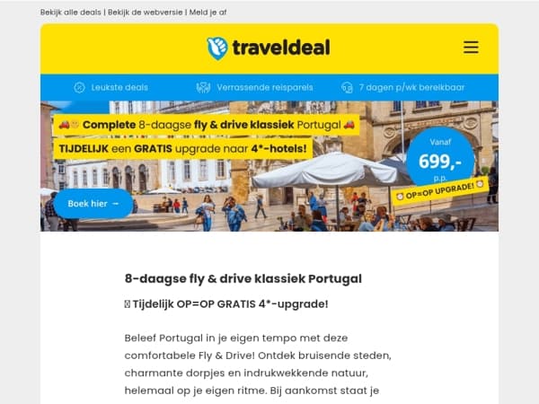 ⏳ 𝗣𝗼𝗿𝘁𝘂𝗴𝗮𝗹 GRATIS 4*-Upgrade Deal! ⏰ 8-dagen fly & drive o.a. Lissabon & Porto 699 p.p.!